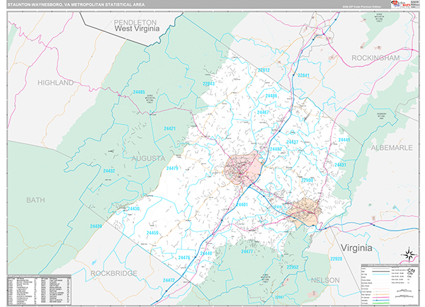 Staunton-Waynesboro Metro Area Wall Map Premium Style